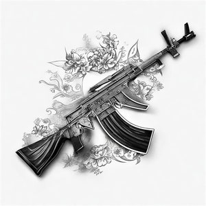 AK-47 Tattoo: A Dynamic Set of Four Tattoo Designs, Showcasing the Iconic Firearm's Power and Intricate Artistry on Your Canvas, 4k Res.