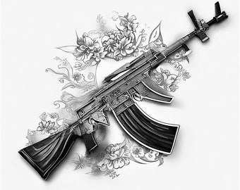 AK-47 Tattoo: A Dynamic Set of Four Tattoo Designs, Showcasing the Iconic Firearm's Power and Intricate Artistry on Your Canvas, 4k Res.