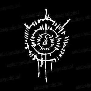 Puede incluir: Un diseño circular blanco con una forma central similar a un ojo y anillos concéntricos de líneas y puntos. El diseño recuerda a un símbolo místico u ocultista.