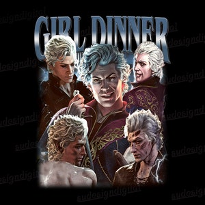 Puede incluir: Un diseño gráfico con un grupo de hombres con cabello blanco y diferentes expresiones faciales. El texto "GIRL DINNER" está en la parte superior de la imagen.