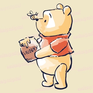 May include: A cartoon illustration of Winnie the Pooh holding a honey pot that says "Hunny" on it. He is looking up at a bee flying above him.