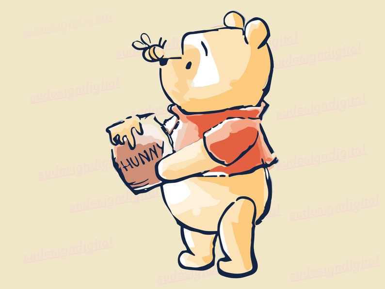 Klassisk Winnie the Pooh PNG, Winnie the Pooh Clipart, omedelbar digital nedladdning, Pooh Bear med honungsburk, Winnie the Pooh födelsedagströja bild 1