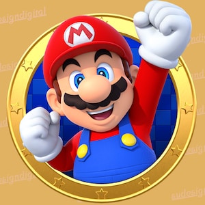 Könnte beinhalten: Eine Comicfigur, Mario, trägt einen roten Hut mit einem weißen 'M' darauf, ein rotes Hemd, eine blaue Latzhose und weiße Handschuhe. Er ist mit einem großen Lächeln und erhobenen Armen zu sehen. Er ist in einem goldenen Kreis mit Sternen drumherum vor einem gelben Hintergrund gerahmt.