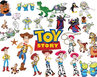 May include: A colorful illustration featuring characters from the Toy Story movie franchise. The characters include Woody, Buzz Lightyear, Jessie, Mr. Potato Head, and more. The illustration also includes the words "Toy Story" in a yellow and red banner.