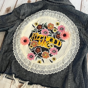 Fleetwood Mac jacket / upcycled jean jacket / band jacket / concert tshirt / hippie flower clothing /  old band tshirt / festival gear /