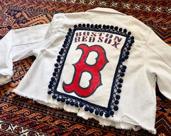 Boston Red Sox Jacket.   Upcycled white jean jacket.  Baseball jacket.