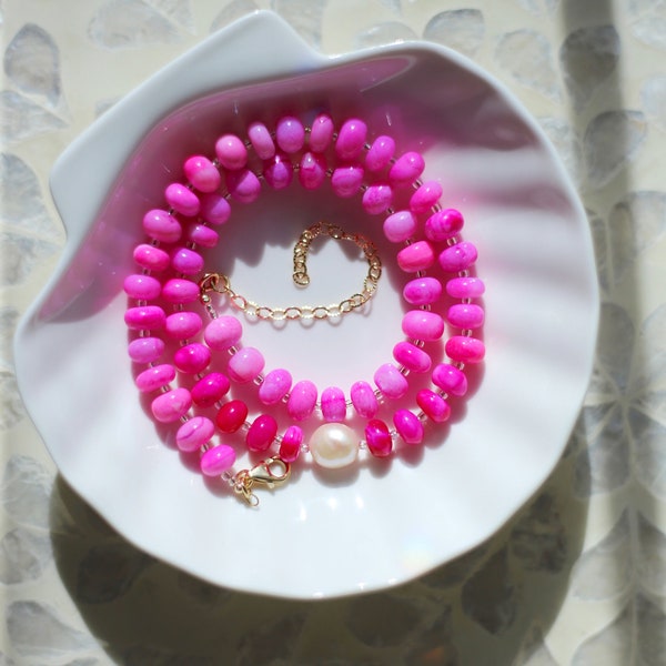 Hot Pink Opal Necklace, Gem candy necklace, Opal beaded necklace, hot pink necklace, gifts for her, unique jewelry, opal rondelle, handmade