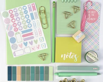 Stationery Gift Set, Green with Gold Accents, Planner Supplies, Desk Accessories, Gift Box, Bookish Bundle