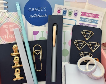 Coffret cadeau de papeterie pour la rentrée scolaire, cahier bleu personnalisé