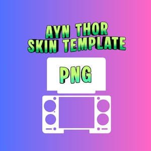 Puede incluir: Gráfico digital que presenta un contorno blanco de un dispositivo de juego portátil, con el texto "AYN THOR SKIN TEMPLATE" y "PNG" en verde y negro. El fondo hace una transición de azul a rosa.