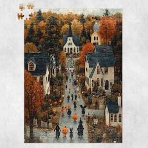 May include: A vintage-style illustration of a small town on Halloween night.  Children dressed as ghosts and witches are trick-or-treating.  The houses are decorated with pumpkins and autumn foliage.