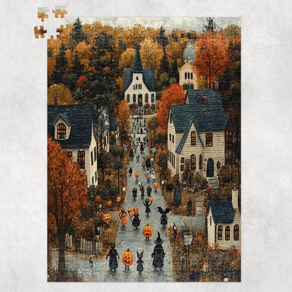 Halloween Hometown Jigsaw Puzzle, Spooky Rural Town Scene, Festive Pumpkin Decor, Haunted Village Puzzle, All Hallows' Eve, Spooky Humor