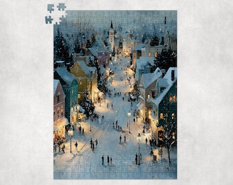 Pode incluir: Um quebra-cabeça completo retratando uma cena de inverno nevada de uma praça da cidade. O quebra-cabeça mostra uma rua ladeada por edifícios, postes de luz e pessoas. Os edifícios são de várias cores e o céu é azul claro.