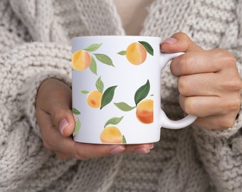 Pfirsich Kaffeetasse, Pfirsich Becher, Obst Becher, Pfirsich Kaffeetasse, Keramik Kaffeetasse, illustrierte Kaffeetasse, Aquarell Obstbecher, Retro Pfirsich