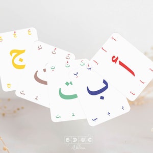 Lettres arabes, Lettres début milieu fin, Apprentissage de la langue arabe, Cartes des lettres arabes à imprimé, Flash cartes.