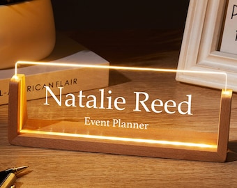 Personalized office nameplate with LED base, lighted up acrylic name sign, gift for boss coworker, new job gift, teacher gifts, phd gifts