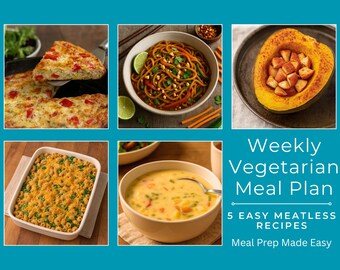 Vegetarian Meal Plan Bundle | 5 Easy Meatless Recipes | Weekly Meal Prep + Shopping List | FITCUI Instant Download