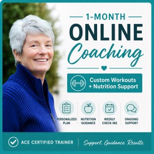 Puede incluir: Imagen que promociona un coaching online de 1 mes. La imagen presenta a una mujer sonriente con una blusa azul, con texto que dice "Coaching Online" y "Entrenamientos personalizados + Soporte nutricional". Iconos adicionales representan planes personalizados, orientación nutricional, controles semanales y soporte continuo.