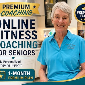Puede incluir: Un anuncio de coaching de fitness en línea para personas mayores. La imagen presenta a una mujer con una camisa azul con el texto "Nancy J. Fitness FITCUT Fitness Coaching". El texto incluye "Premium Coaching", "Online Fitness Coaching for Seniors" y "1-Month Premium Plan."