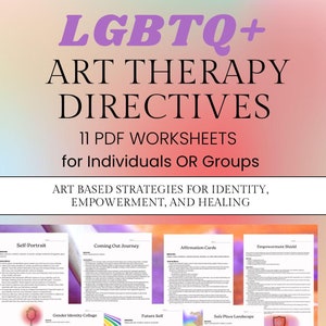 Może przedstawiać: Zestaw 11 drukowalnych arkuszy PDF do terapii sztuką LGBTQ+. Arkusze zawierają kolorowe ilustracje i tekst z tytułami takimi jak „Autoportret”, „Podróż do wyjścia z szafy”, „Karty afirmacji” i „Tarcza wzmocnienia”. Tekst „LGBTQ+ Art Therapy Directives” znajduje się u góry obrazu. Tekst „11 arkuszy PDF dla osób indywidualnych LUB grup” znajduje się pod tytułem. Tekst „Strategie oparte na sztuce dla tożsamości, wzmocnienia i uzdrowienia” znajduje się pod arkuszami. Tekst „natychmiastowe pobranie 8,5 x 11 PDF” znajduje się na dole obrazu.