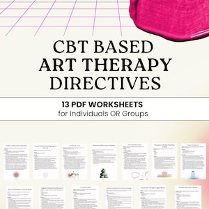 May include: A digital download of 13 printable PDF worksheets for art therapy. The worksheets are based on Cognitive Behavioral Therapy (CBT) and are designed for individuals or groups. The worksheets feature colorful illustrations and text. The title of the product is "CBT Based Art Therapy Directives".
