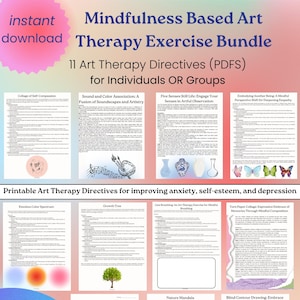 Paquete de ejercicios de terapia de arte basado en la atención plena // Hojas de trabajo de terapia // Intervenciones de terapia individual, ideas de terapia de grupo, asesoramiento