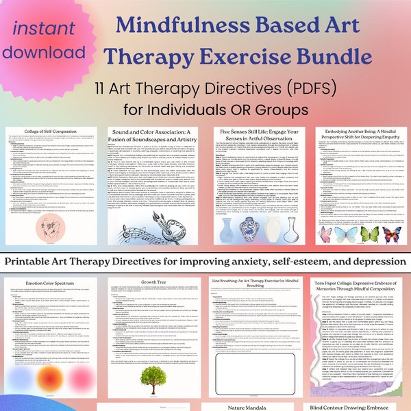 Mindfulness Based Art Therapy Exercise Bundle || Therapy Worksheets || Individual Therapy Interventions, Group Therapy Ideas, Counseling