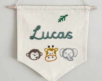 Personalised Custom Name Hand Embroidered Nursery Decor Wall Hanging Banner, Safari Room, Jungle Theme, Elephant, Monkey, Giraffe, Animals