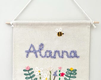 Personalised Custom Name Hand Embroidered Nursery Decor Wall Hanging Banner, Wildflower, Floral, Bees, Flowers, Wild Child, Bee Design