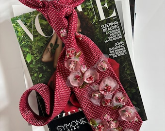 Red Tie with beaded flower embellishments