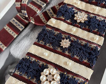 Hand Sewn Vintage Silk Tie - Striped & Embellished