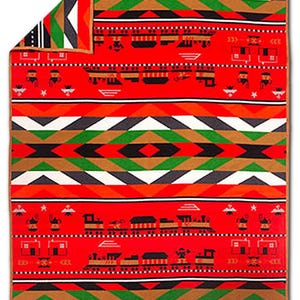 May include: Red, green, black, and white woven blanket with a geometric pattern and a train design. The blanket features a repeating pattern of houses, trains, and stars.