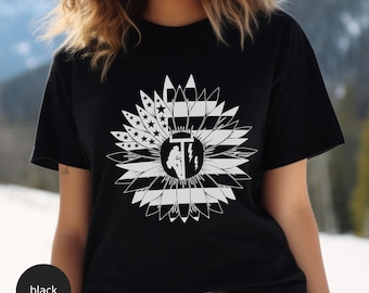Lineman Wife T-Shirt: Sunflower American Flag Design