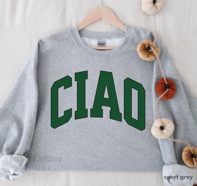 May include: A gray sweatshirt with the word "CIAO" printed in green letters on the front. The sweatshirt is a classic crew neck style.