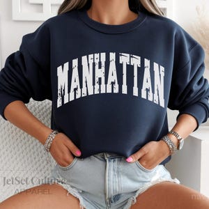 Manhattan Sweatshirt, Beachy Oversized Trendy Sweater, Preppy Instyle Shirt NYC Distressed Block Letters