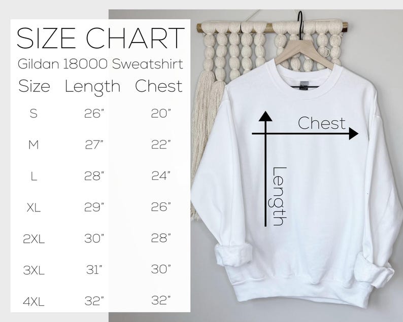 May include: Size chart for Gildan 18000 sweatshirts, showing measurements in inches for sizes S through 4XL. The chart lists length and chest measurements.