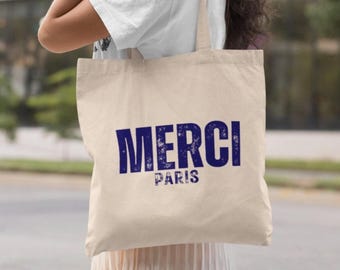 Merci Paris Tote Bag French Canvas Bag , Gift For Paris Trip , Parisian Aesthetic Bag , Francophile Gift , Cute French Market Bag For Women