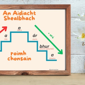 Könnte beinhalten: Ein farbenfrohes Diagramm mit dem irischen Satz "An Aidiacht Shealbhach", der mit "Possessivadjektive" übersetzt wird. Das Diagramm zeigt eine Treppe mit den Possessivadjektiven in Irisch und Englisch, wobei Pfeile nach oben und unten zeigen.