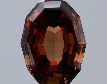 May include: A faceted oval-shaped gemstone with a deep brown color. The stone features a symmetrical cut with multiple flat surfaces that reflect light, creating a pattern of dark and light brown tones throughout the transparent structure.