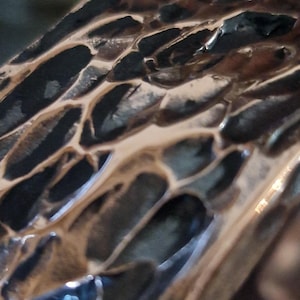 May include: Close-up of a textured, metallic surface with a honeycomb-like pattern. The surface has a bronze color with dark, irregular openings, reflecting light and creating shadows. The overall effect is of a detailed, organic design.