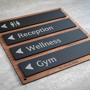 Può includere: Un cartello in legno con quattro pannelli rettangolari neri. I pannelli presentano testo bianco e frecce direzionali che indicano la direzione dei servizi igienici, della reception, del benessere e della palestra. Il cartello include anche il testo "Woodlands Hotel".