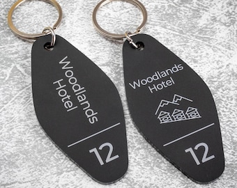 Personalised Hotel Keychain – Custom Black Matte Acrylic Key Tag, Engraved Room Number Key Fob