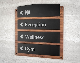 Walnut Wood Direction Sign with Black Acrylic Panels – Custom Interior Wayfinding Sign