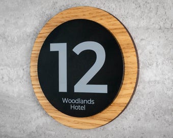 Personalised Oak & Black Acrylic Hotel Room Number Sign
