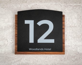 Curved Hotel Room Number Sign – Walnut Wood & Matte Black Acrylic