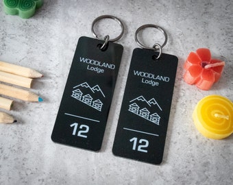 Custom keychain for motels - personalized key holder with hotel name, logo and room number - key tag for hostels and B&Bs - custom keyring.