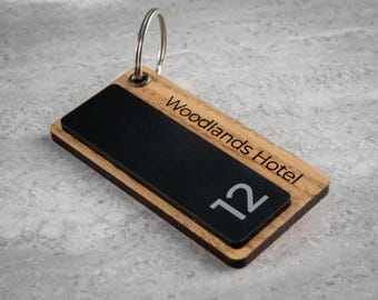 Custom Engraved Hotel Keychain: Black Acrylic & Oak Wood Room Number Tag