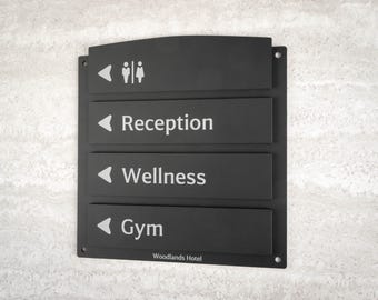 Hotel Direction Sign – Custom Matte Black Interior & Exterior Wayfinding Sign
