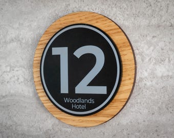 Custom Hotel Room Number Sign - Oak Wood & Matte Black Acrylic