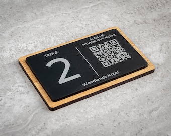 Table Number Sign with QR Menu – Oak & Acrylic Restaurant Table Plaque